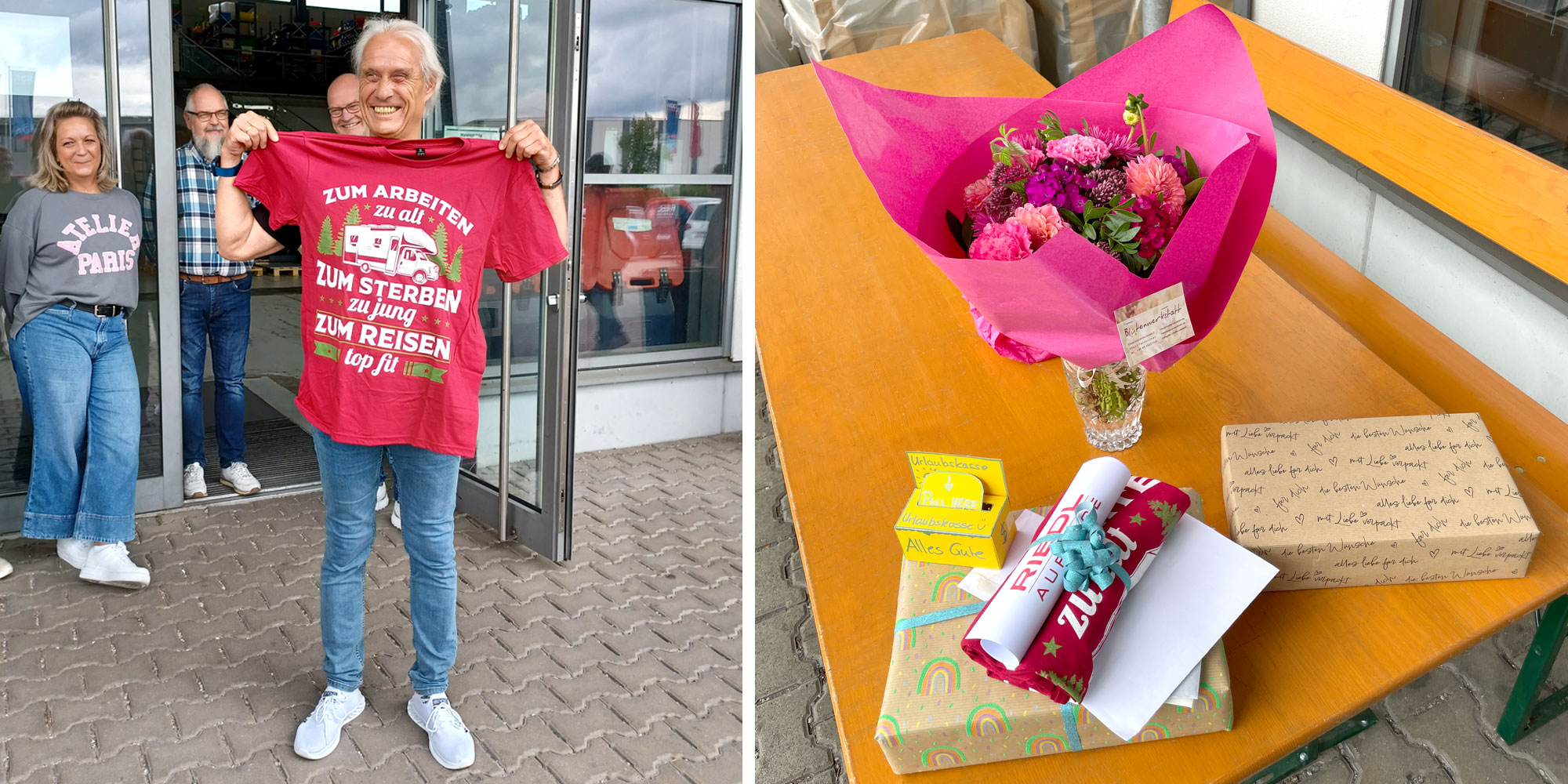 Im linken Teil steht Herr Spreitzer vor dem Eingang zum Lager. Er hält ein T-Shirt hoch, auf dem untereinander die Worte 